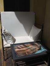 A white chair and a table