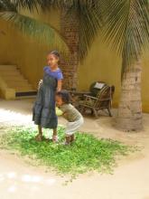 Two children stood under a palm tree